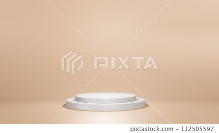 A white podium with steps sits on a white background, resembling a circle. It stands out against the clean aesthetic, like liquid on dishware 112505597