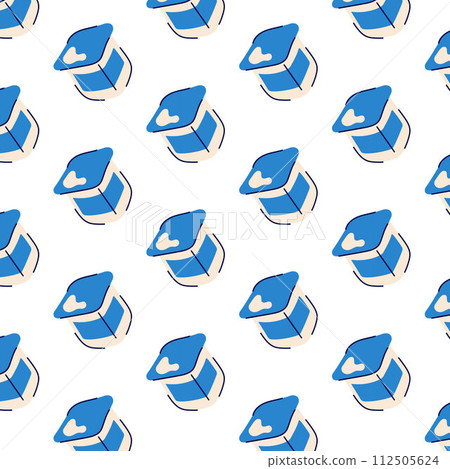 Yogurt seamless cartoon pattern. Line art design for food store, grocery, milk shop. Vector illustration isolated on a white background. 112505624