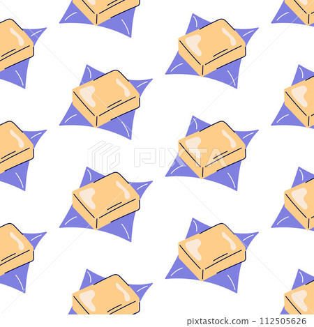 Butter dairy product seamless pattern in cartoon style. Design for grocery, wallpaper, textile. Vector illustration isolated on a white background. 112505626
