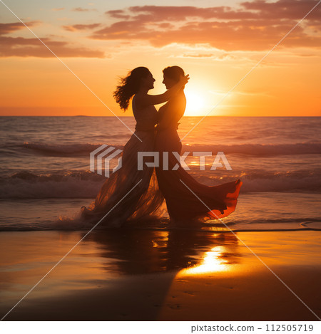 Lesbian couple stay on beach at sunset 112505719