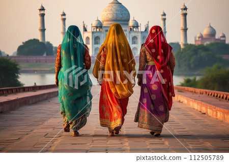 Indian women in colorful sari and temple 112505789