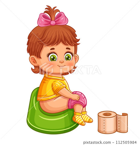 Cute baby child girl sitting on potty seat with toilet paper. Toddler chamber pot training. Funny little infant daughter cartoon character. Kid care. Learning lavatory hygiene in kindergarten vector Cute baby child girl sitting on potty seat with toilet paper. Toddler chamber pot training. Funny little infant daughter cartoon character. Kid care. Learning lavatory hygiene in kindergarten vector 112505984