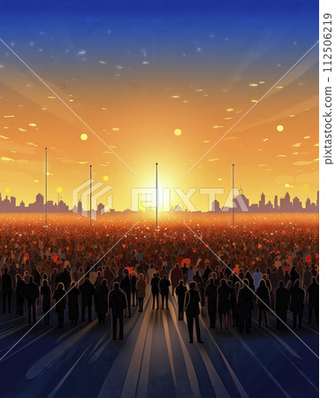 rear view of a massive crowd gazing at the silhouette of a city on the horizon during sunset 112506219