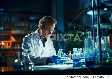 Focused scientist in a lab coat analyzing samples under blue light 112506394