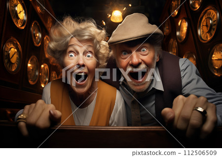 Amazed elderly man and woman with a background of clocks expressing shock and excitement 112506509