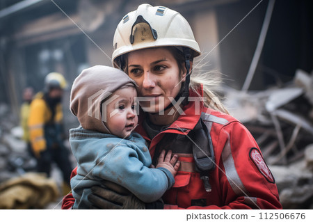 Brave firefighter holds a young child for reassurance against a backdrop of devastation 112506676