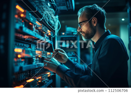 Focused it professional installing hardware in data center server room 112506706