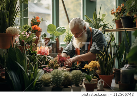 Senior man with a beard carefully arranges plants in a sunny greenhouse Senior man with a beard carefully arranges plants in a sunny greenhouse 112506748