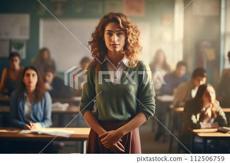Young female educator stands out in a sunlit classroom amidst students 112506759