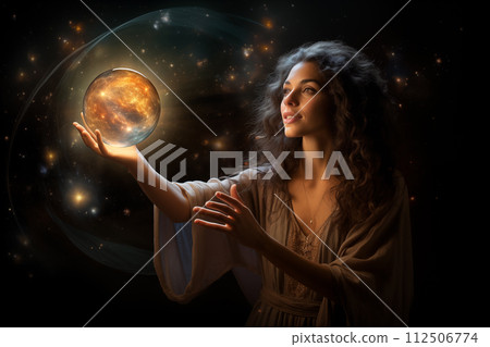Fantasy portrait of a woman with a mystical orb against a starry space backdrop 112506774