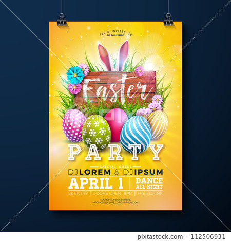 Easter Party Flyer Illustration with Painted Eggs, Rabbit Ears and Flowers on Nature Yellow Background. Vector Spring Religious Holiday Celebration Poster Design Template for Banner or Invitation. 112506931