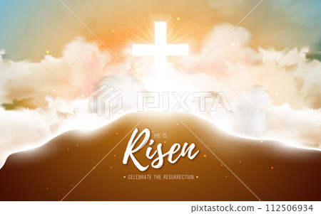 Easter Holiday Illustration with Cloud on Sunny Sky Background. He is Risen. Vector Christian Religious Design for Resurrection Celebrate Theme Poster Template for Banner, Invitation or Greeting Card. Easter Holiday Illustration with Cloud on Sunny Sky Background. He is Risen. Vector Christian Religious Design for Resurrection Celebrate Theme Poster Template for Banner, Invitation or Greeting Card. 112506934