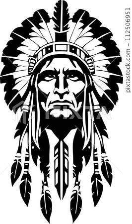 A Wonderful iconic Native American chief in a black and white vector illustration, Suitable for logo design, tattoo design or print on demand 112506951
