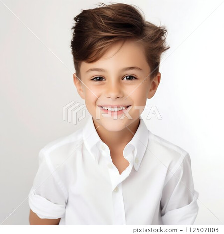 Charming Innocence: Portrait of a Smiling Cute Brunette Boy in White Shirt. Generative ai 112507003