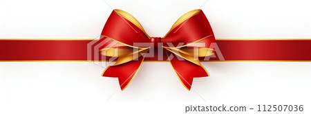 Festive Flair: Red Ribbon and Bow with Gold Accents Isolated on White. Generative ai 112507036