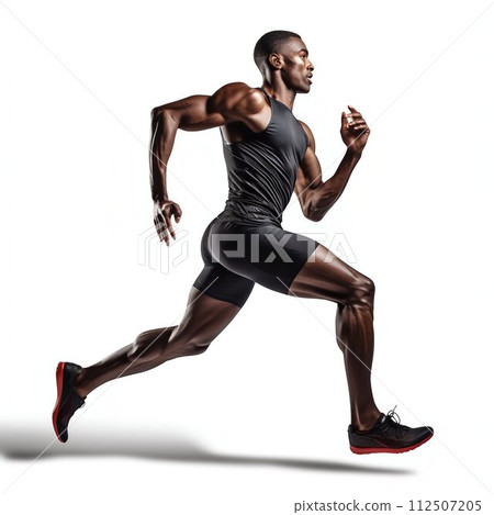 Professional Male Athlete in Running Pose, Isolated on White Background. Generative ai Professional Male Athlete in Running Pose, Isolated on White Background. Generative ai 112507205