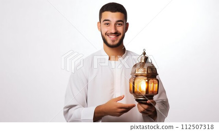 Eid Celebration: Smiling Man with Traditional Lantern. Generative ai 112507318