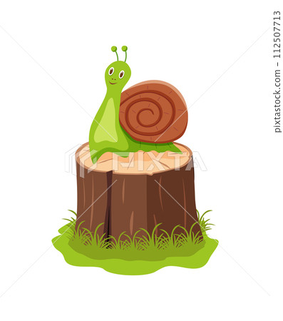 Cute snail is sitting on a stump in a cartoon style. Vector illustration of a funny animal clipart. 112507713