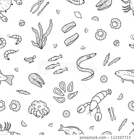 Seamless pattern Seafood set of doodle icons. Vector illustration of seafood and cuisine background wallpaper. Seamless pattern Seafood set of doodle icons. Vector illustration of seafood and cuisine background wallpaper. 112507715