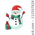 Snowman with a scarf, gloves and hat isolated in a white background in cartoon watercolor style. Flat design. Vector illustration. 112507828