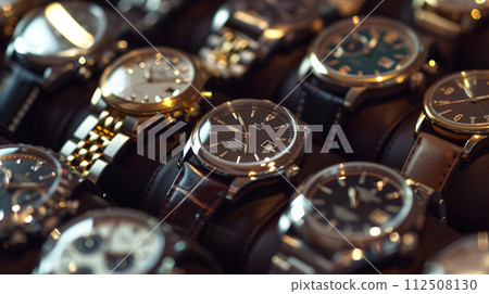 A collection of stylish wristwatches, arranged in a pattern, showcases the elegance of timepieces A collection of stylish wristwatches, arranged in a pattern, showcases the elegance of timepieces 112508130