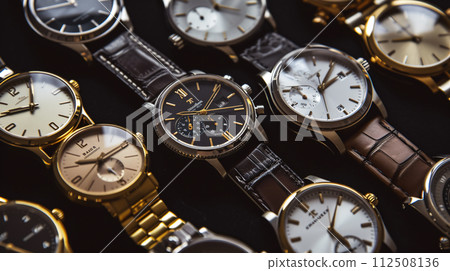 A collection of stylish wristwatches, arranged in a pattern, showcases the elegance of timepieces 112508136