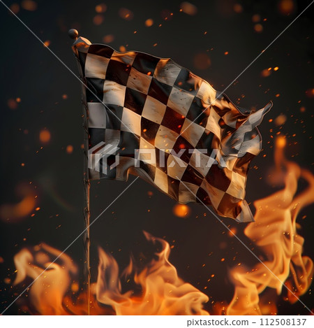 Burning checkered flag, racing, start and finish concept 112508137