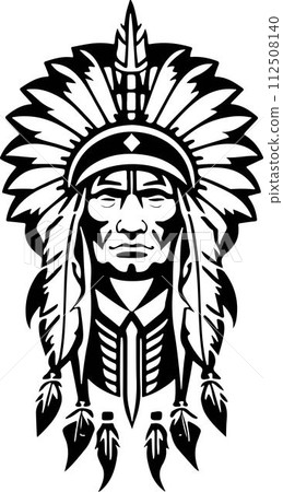 An Incredible iconic Native American chief in a black and white vector illustration, Suitable for logo design, tattoo design or print on demand 112508140