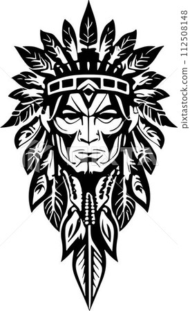 A Beautiful iconic Native American chief in a black and white vector illustration, Suitable for logo design, tattoo design or print on demand A Beautiful iconic Native American chief in a black and white vector illustration, Suitable for logo design, tattoo design or print on demand 112508148
