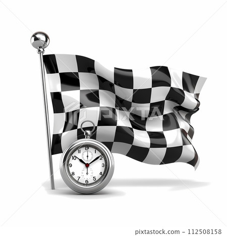 A checkered flag with a stopwatch on a white background. Racing, the concept of start, finish 112508158