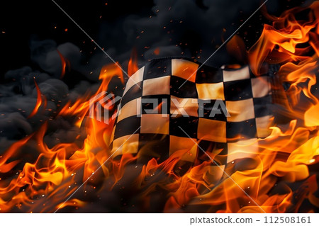 Burning checkered flag, racing, start and finish concept 112508161