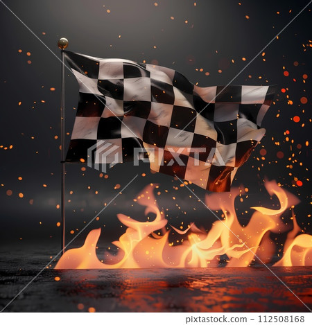 Burning checkered flag, racing, start and finish concept 112508168