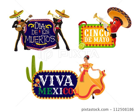 Mexican holiday banners for Cinco de Mayo and Dia de Los Muertos, vector set. Viva Mexico banners with chili pepper mariachi musician in sombrero, skeletons with guitar and woman in Mexican dress 112508186