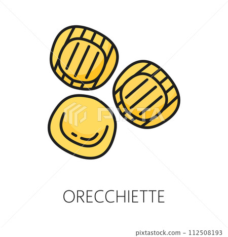 Orecchiette italian cuisine pasta isolated color outline icon. Vector fresh Orecchiette, italian pasta round shape noodles 112508193