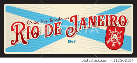 Rio de Janeiro retro travel plate, brazilian city, sticker and tin sign. Brazil postcard with coat of arms. South America vacation travel vector plate with flag and emblem, Cidade dos Brasileiros Rio de Janeiro retro travel plate, brazilian city, sticker and tin sign. Brazil postcard with coat of arms. South America vacation travel vector plate with flag and emblem, Cidade dos Brasileiros 112508194