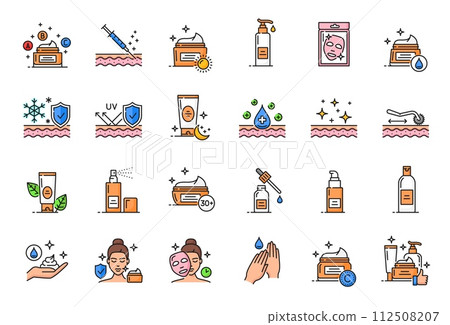 Face and hands skin care, dermatology line icons. Body hygiene treatment outline vector pictograms with sunscreen, moisturizing cream or lotion, skin injection syringe, facial mask and needle roller 112508207