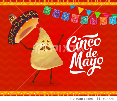 Cinco de mayo mexican holiday banner with nachos chip character. Vector festive background with papel picado flags and funny cartoon latino tex mex food personage waving mariachi sombrero hat Cinco de mayo mexican holiday banner with nachos chip character. Vector festive background with papel picado flags and funny cartoon latino tex mex food personage waving mariachi sombrero hat 112508220