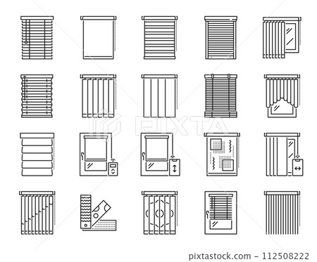 Window blind, curtain and jalousie icons. Apartment, house or office window covering, wooden and bamboo horizontal shades, fabric curtains and motorized jalousie with remote control outline icons set Window blind, curtain and jalousie icons. Apartment, house or office window covering, wooden and bamboo horizontal shades, fabric curtains and motorized jalousie with remote control outline icons set 112508222