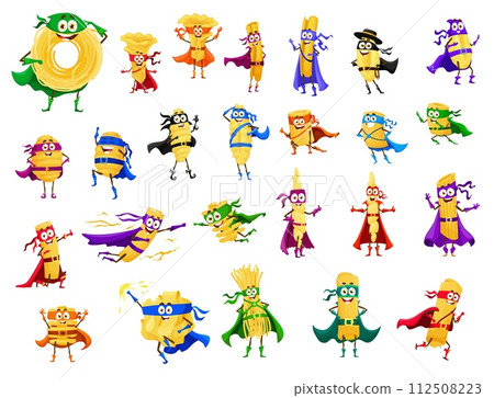 Cartoon italian pasta food superhero characters in super hero costumes, capes and masks. Cute macaroni defenders vector personages, funny gnocchi, capellini, vermicelli, radiatore and pappardelle Cartoon italian pasta food superhero characters in super hero costumes, capes and masks. Cute macaroni defenders vector personages, funny gnocchi, capellini, vermicelli, radiatore and pappardelle 112508223