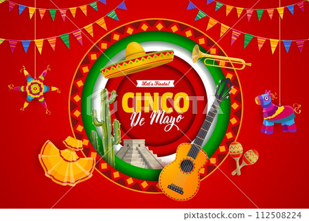 Cinco de Mayo paper cut banner for Mexican holiday with sombrero and guitar, vector background. Aztec pyramid, maracas and pinata with mariachi trumpet and national costume for Cinco de Mayo fiesta Cinco de Mayo paper cut banner for Mexican holiday with sombrero and guitar, vector background. Aztec pyramid, maracas and pinata with mariachi trumpet and national costume for Cinco de Mayo fiesta 112508224