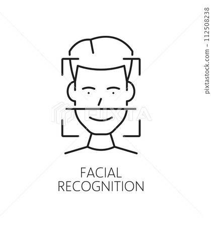 Facial recognition, biometric identification or verification icon. Isolated vector linear sign, symbolizing advanced technology that analyzes and identifies individuals based on unique facial features Facial recognition, biometric identification or verification icon. Isolated vector linear sign, symbolizing advanced technology that analyzes and identifies individuals based on unique facial features 112508238