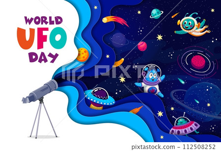 World ufo day, paper cut galaxy space with aliens and ufo. Vector 3d banner offering to unveil the extraterrestrial mystery. Join the global celebration, spark curiosity, explore the unknown wonders 112508252