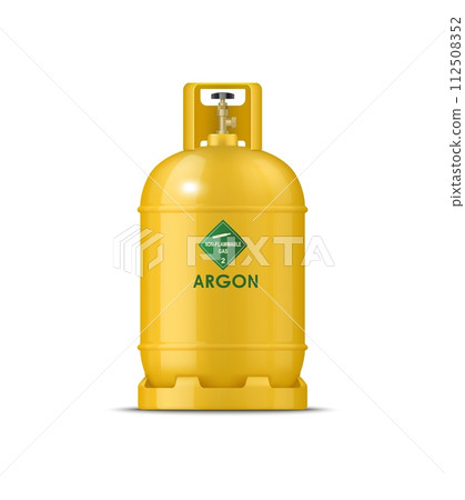 Realistic argon gas metal cylinder. Isolated vector sturdy yellow tank stores non-flammable inert gas used in welding and manufacturing processes, essential for shielding metals from oxidation Realistic argon gas metal cylinder. Isolated vector sturdy yellow tank stores non-flammable inert gas used in welding and manufacturing processes, essential for shielding metals from oxidation 112508352