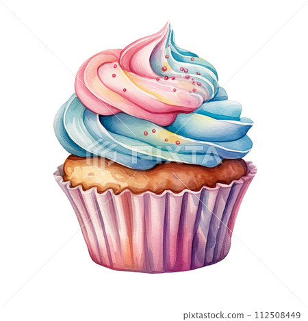 Watercolor muffin on white background, sweet colorful clipart Watercolor muffin on white background, sweet colorful clipart 112508449