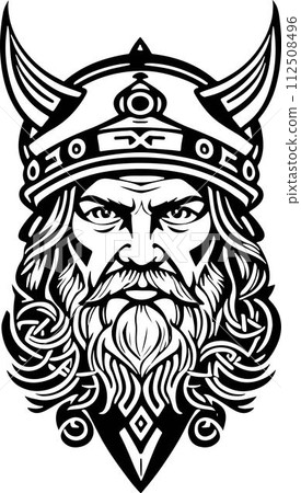 Fantastic line art style Viking head vector graphic template, Suitable for logo design, tattoo design or print on demand 112508496