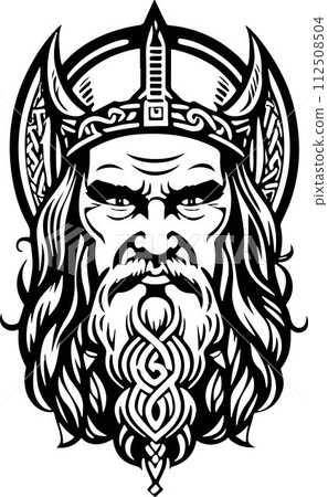 Powerful line art style Viking head vector graphic template, Suitable for logo design, tattoo design or print on demand 112508504