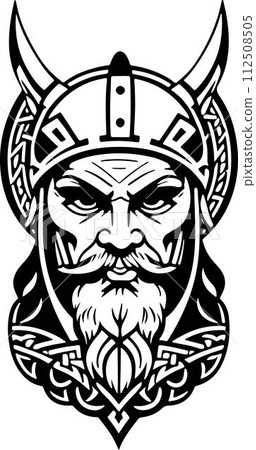 Fantastical line art style Viking head vector graphic template, Suitable for logo design, tattoo design or print on demand 112508505
