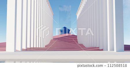 3d Render, Abstract Surreal pastel landscape background with architecture and geometric, beautiful gradient sky scene, lake with clam water, minimal concept. 112508518