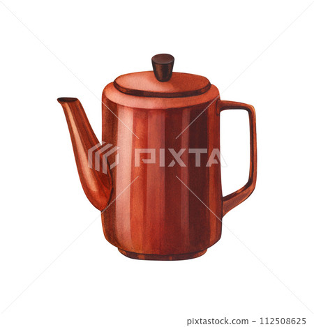 Vintage red coffee pot, rustic kitchen utensils. Watercolor hand-drawn illustration isolated on white background. Perfect for recipe lists with drinks, brochures for cafe. Vintage red coffee pot, rustic kitchen utensils. Watercolor hand-drawn illustration isolated on white background. Perfect for recipe lists with drinks, brochures for cafe. 112508625