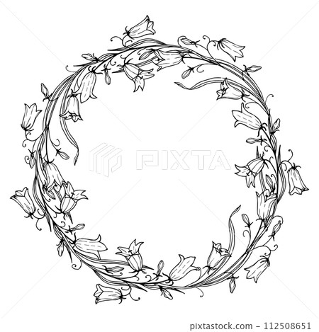 Wreath with bluebell Flower vector illustration. Hand painting illustration of circular Frame for greeting cards or wedding invitations. Circlet with bellflower. Botanical template for postcards. Wreath with bluebell Flower vector illustration. Hand painting illustration of circular Frame for greeting cards or wedding invitations. Circlet with bellflower. Botanical template for postcards. 112508651